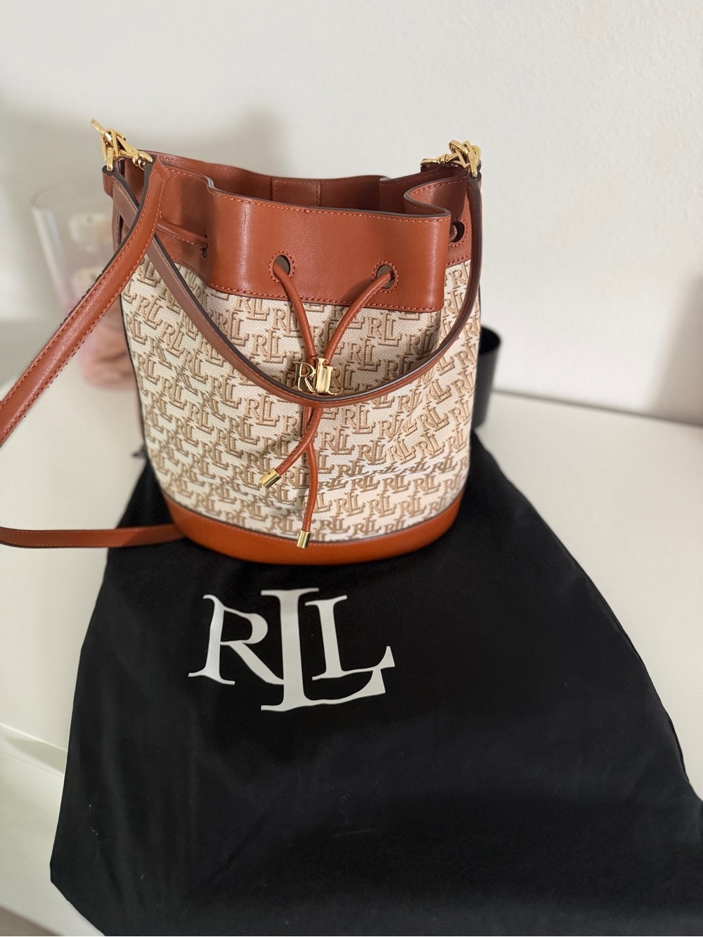 NWOT Ralph Lauren Monogram Drawstring Bucket Bag in Brown and Cream